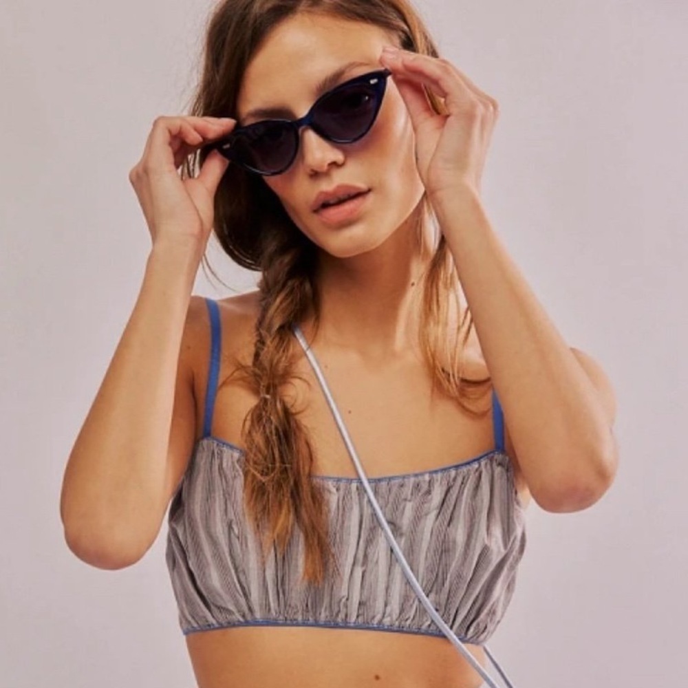 Free People Sunday Stroll Set Grey Blue Striped Crop Top Cotton